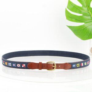 Leather Man Mens Belt Size 44 Woven Navy Maritime Flags Ribbon Inlay Leather Tab